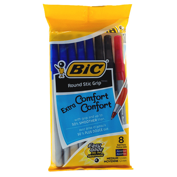 BIC Ultra Round Stic Grip - 8 Pack Assorted (2 Black, 5 Blue, 1 Red) - Image 1